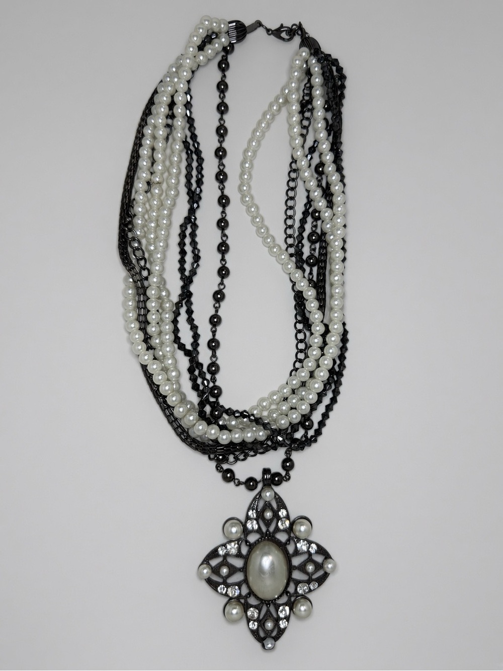 Multi Strand Faux Pearl Gunmetal Filigree Pendant Necklace Statement 16”